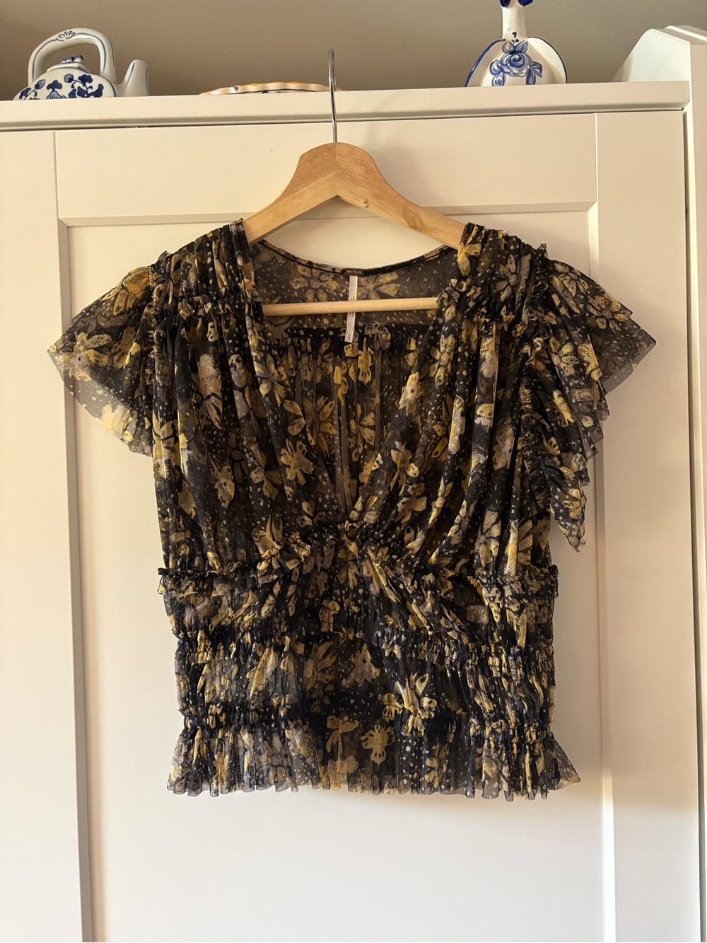 Free People Sheer Floral Smocked Waist Blouse - Black & Mustard